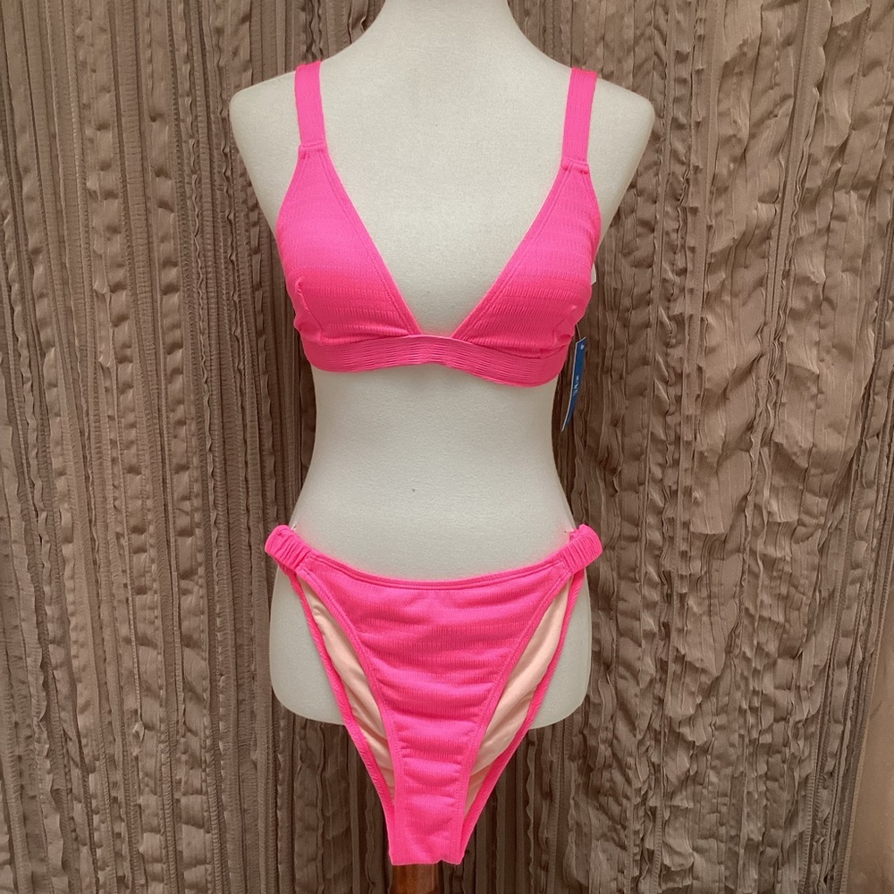 Cupshe🆕Live Life on the Beach Neon Hot Pink Ribbed Triangle Bikini,vanity pads,S